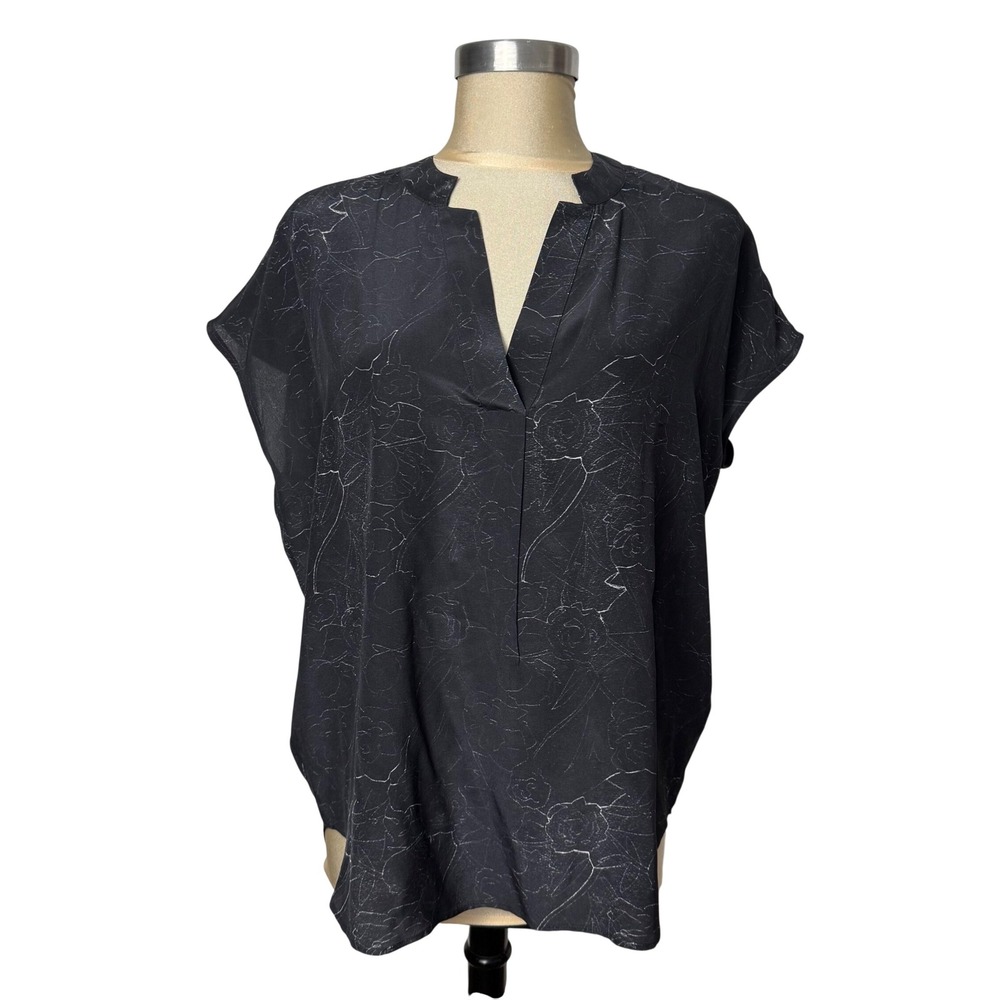 Billy Reid Black Floral 100% Silk V-Neck Cap Sleeve Blouse Large Luxury